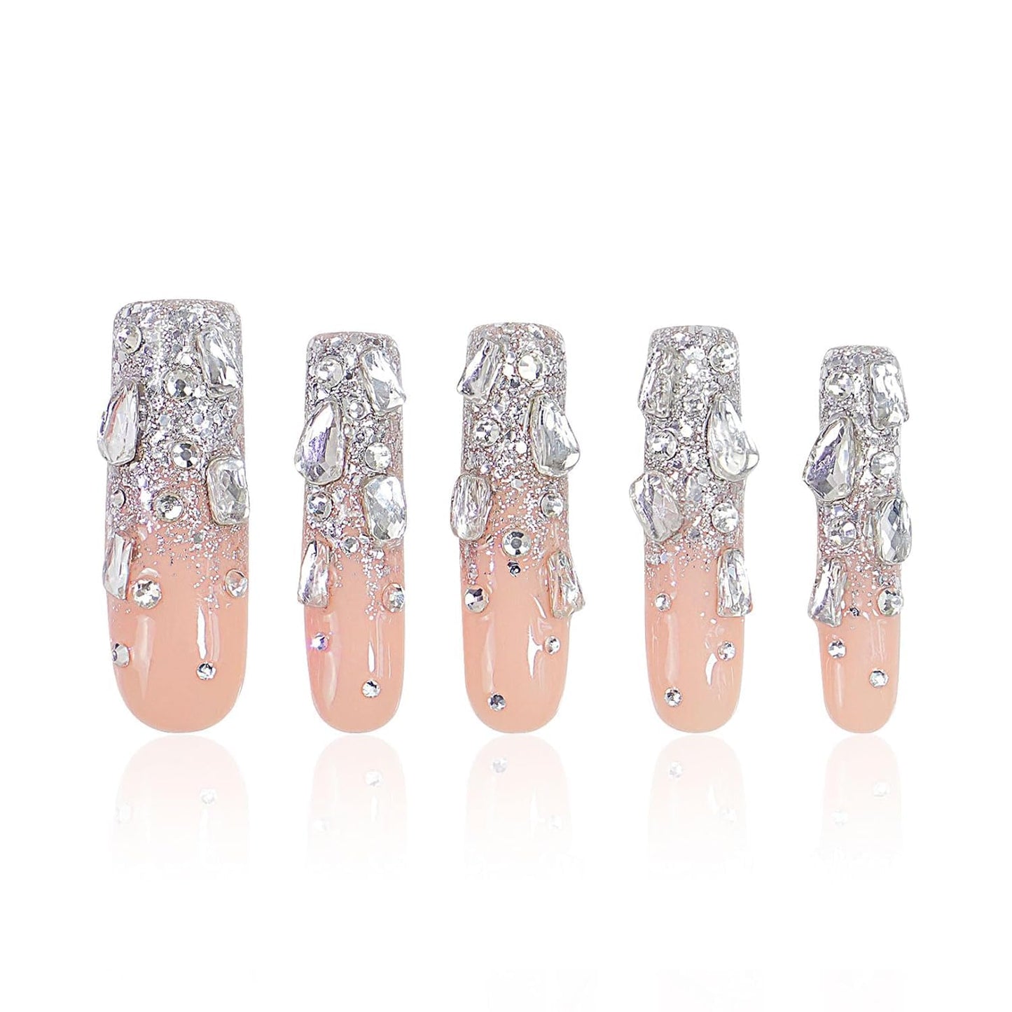 LOVFUL Reusable Press on Nails | Silver Wind | Salon Quality Sustainable Style Handmade with Full Covered Crystals | Square Mid length 1.7 in | H126-L