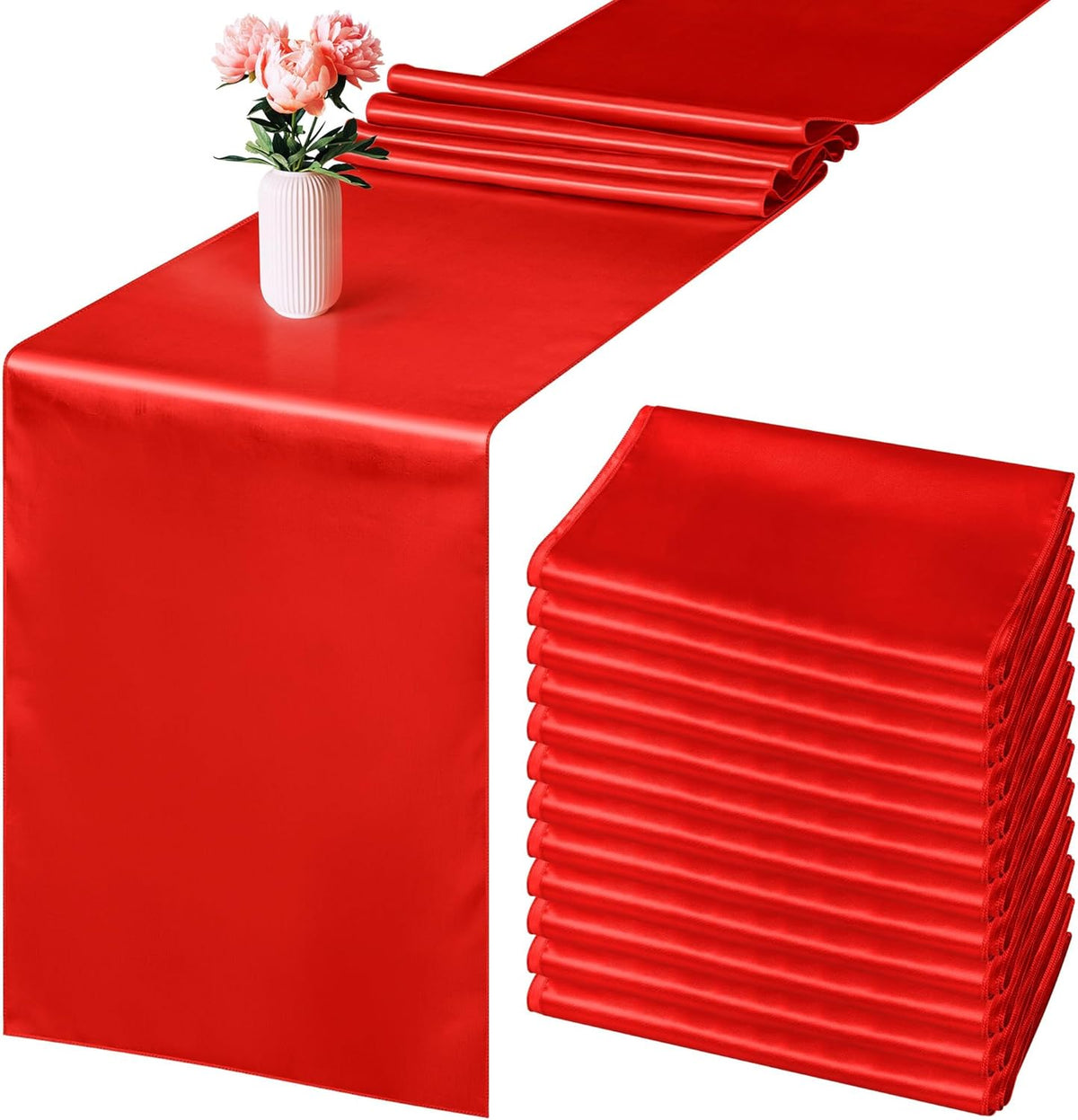 Aneco 16 Pack Satin Table Runner 12 X 108 Inch Red Long Wedding Satin Silk Table Runner for Wedding Banquet Graduations Birthday Party Decoration