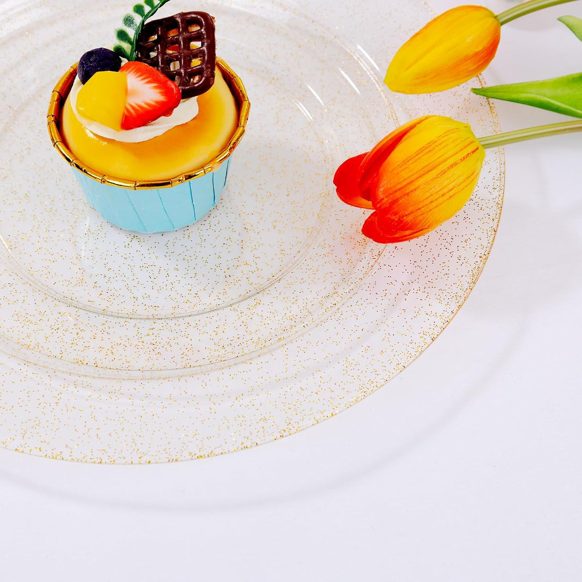 I00000 350 Pcs Gold Glitter Plastic Dinnerware Set for 50 Guests, Plastic Disposable Plates for Party, Include: 50 Dinner Plates,50 Dessert Plates,50 Paper Napkins, 50 Cups, 50 Silverware Set