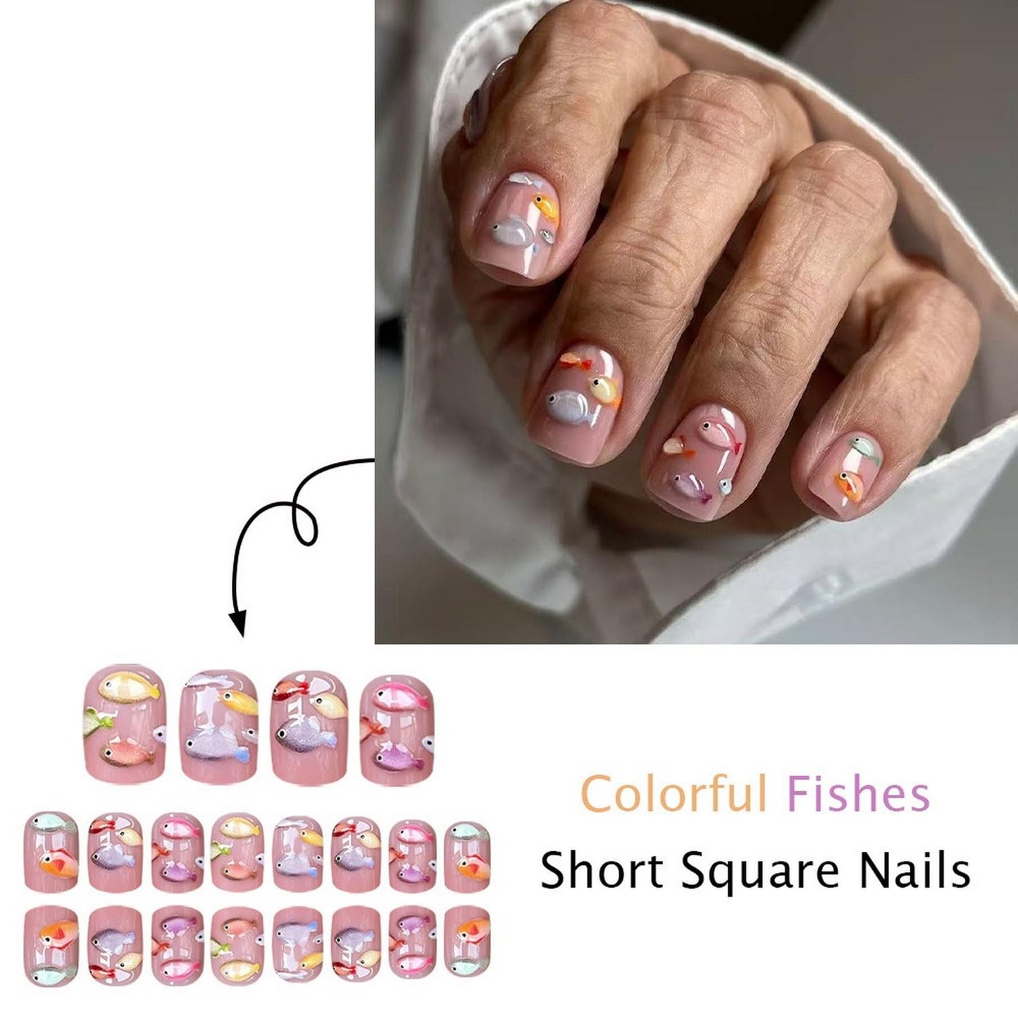 Fish Press on Nails Short Square Artificial Acrylic Fake Nail with Cute Colorful Fish Pattern Design Summer Stick on Nail Full Cover Reusable Press Ons Beach False Nails for Women 24Pcs