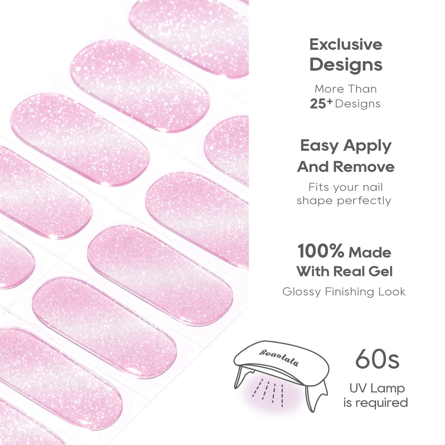 Beaolata Semi Cured Gel Nail Strips - UV Light Gel Nail Stickers - 20 Long Lasting Salon Quality Wraps (Queen's Violet Pink)