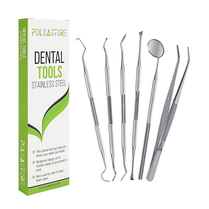 Dental Tools, 6-Pack Stainless Steel Teeth Cleaning Kit - Dental Scraper, Pick, Mouth Mirror, Tweezer for Dentist, Personal, Pets - Tartar & Plaque Removal