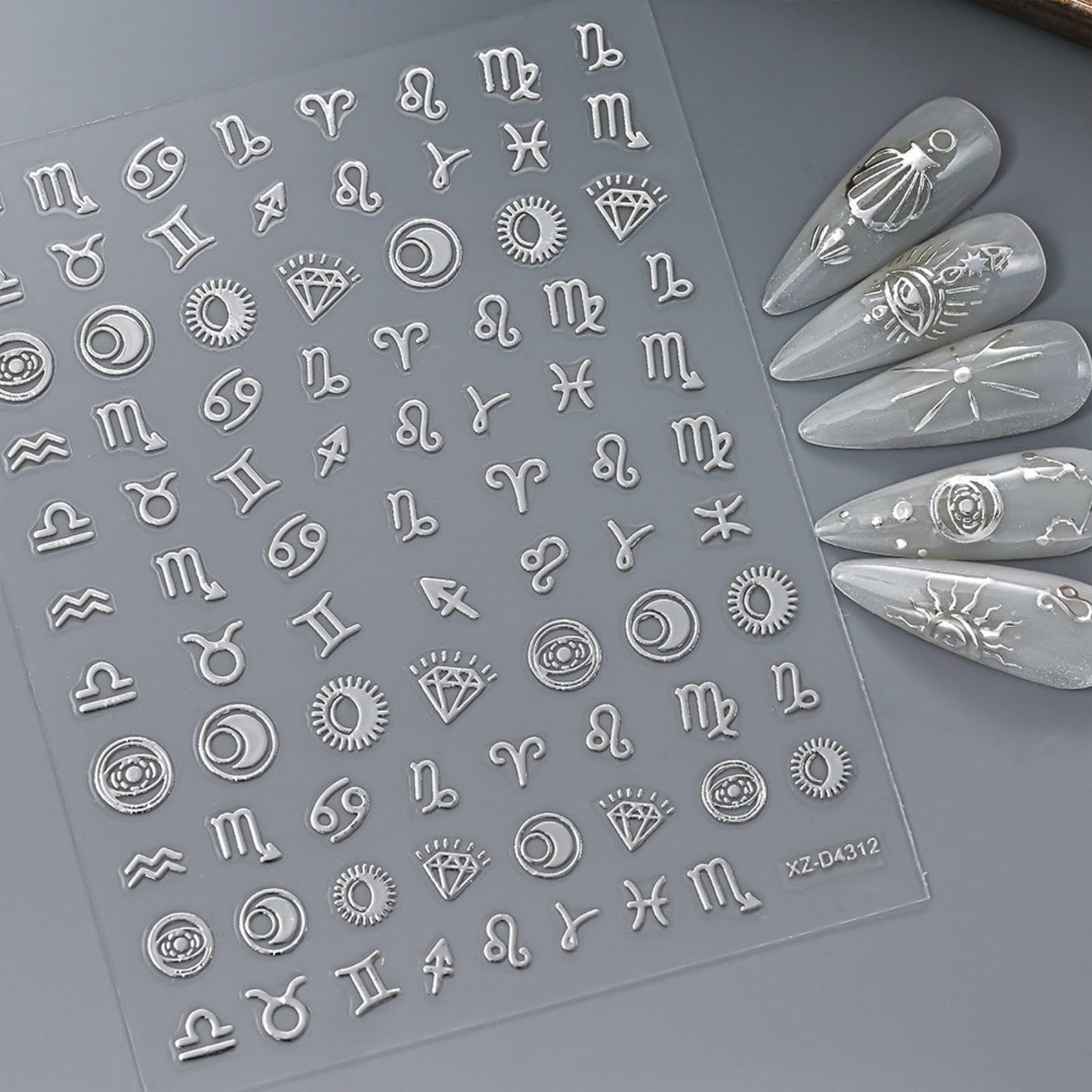 12 Sheets Bronzing Silver Nail Art Stickers, 3D Self-Adhesive Sun Moon Stars Designs Nail Sticker Acrylic Manicure Decals Decorations Accessory for Women Girls