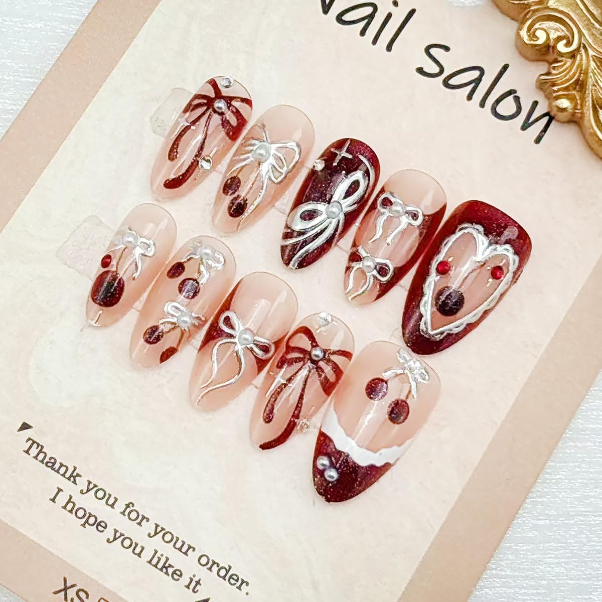 30Pcs Cherry Press on Nails Medium Almond Fake Nails Red French Tip False Nails with 3D Cherry Pearl Gems Design Silvering Bow Star Glue on Nails Full Cover Artificial Stick on Nail for Women Manicure