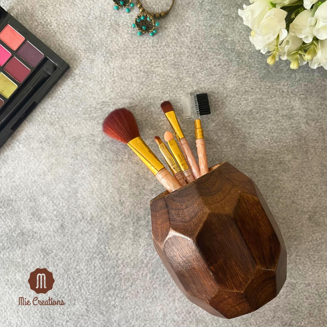 Mie Creations Geometric Wooden Pencil Holder for Desk Table | Wood Pen Cup Stand for Office, Cute Desktop Organizer for Makeup Brushes, Stationery Decor | Rustic Christmas Holiday Gifts- Brown 4''