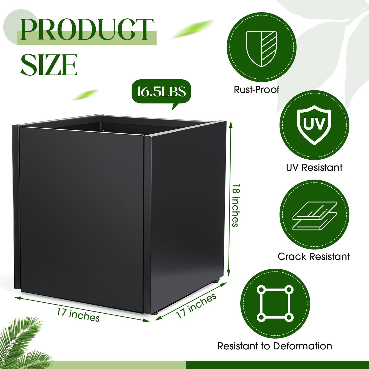 RimCereal 2 Pcs Extra Large Black Square Planter Box Outdoor 17" L x 17" W x 18" H Heavy Galvanized Steel Planters with Drainage Holes Divider for Patio Porch Tall Plants