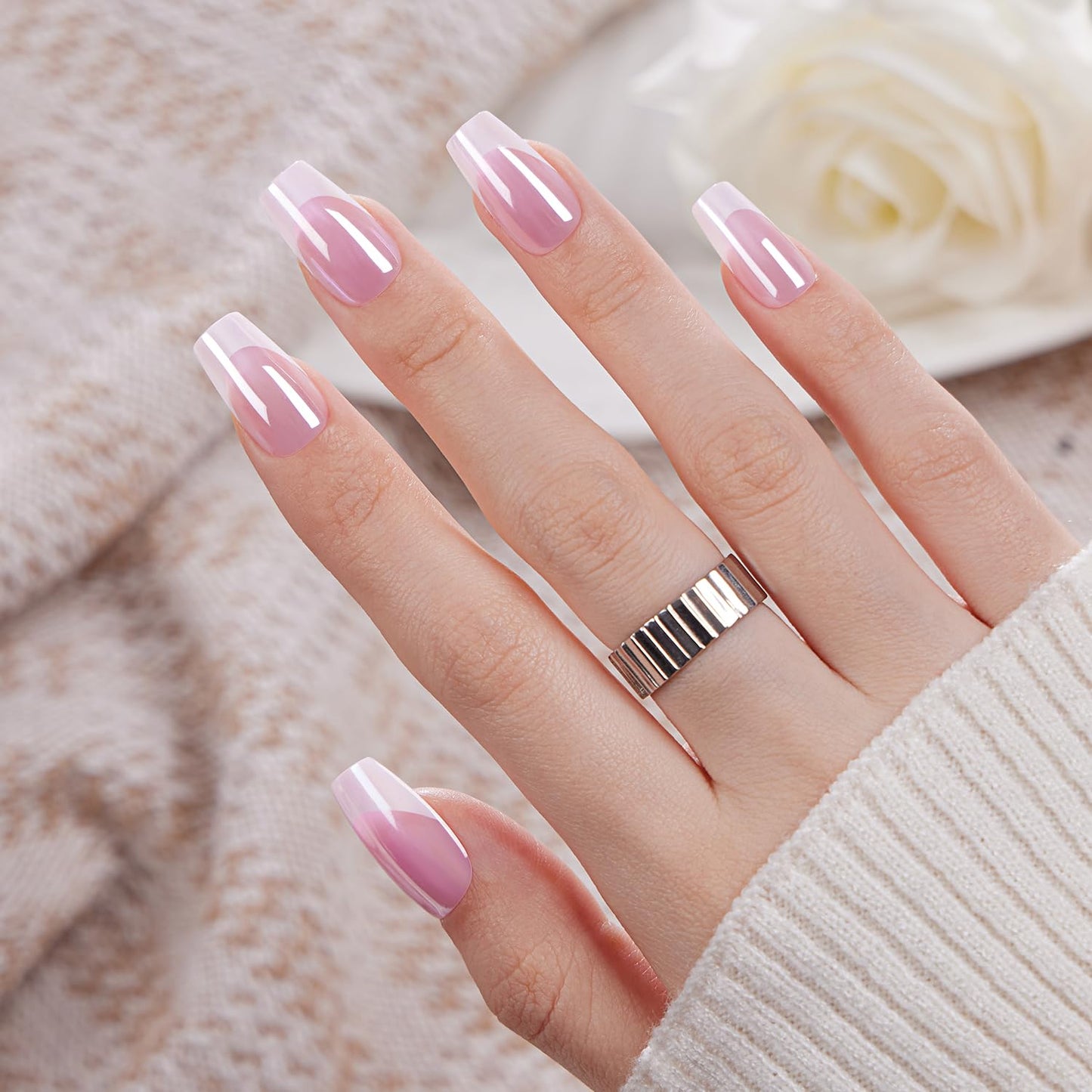 VSALON Press on Nails Short Coffin - Pink French Tips Glazed Chrome Fake Nails Kit, Long-Lasting & Reusable Opaque Soft Gel Spring Nails with Glue & Cuticle Oil