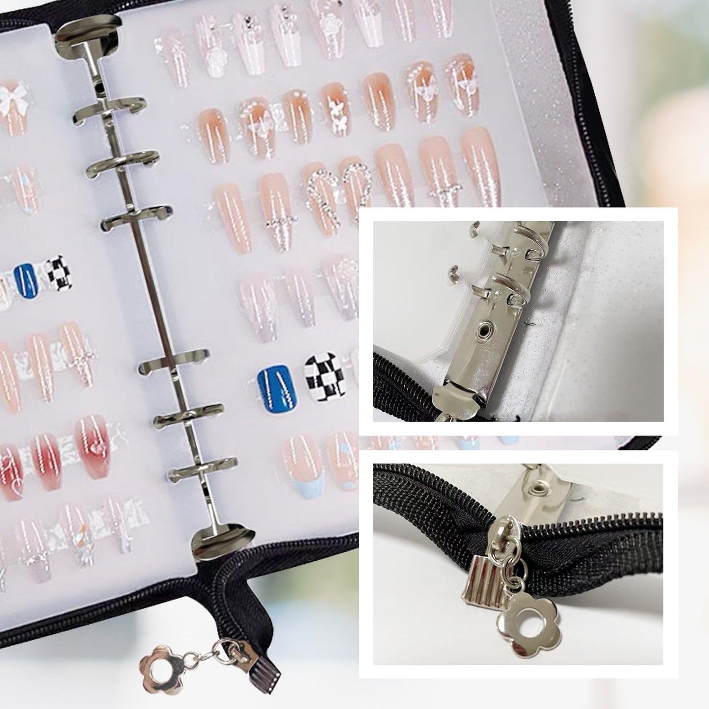 A5 Zipper Press On Nail Organizer - Empty Nail Storage Box for Fake Nails, Nail Display, Includes 6pcs Nail Tapes - Durable Nail Packaging for Fake Nail Storage & Organization