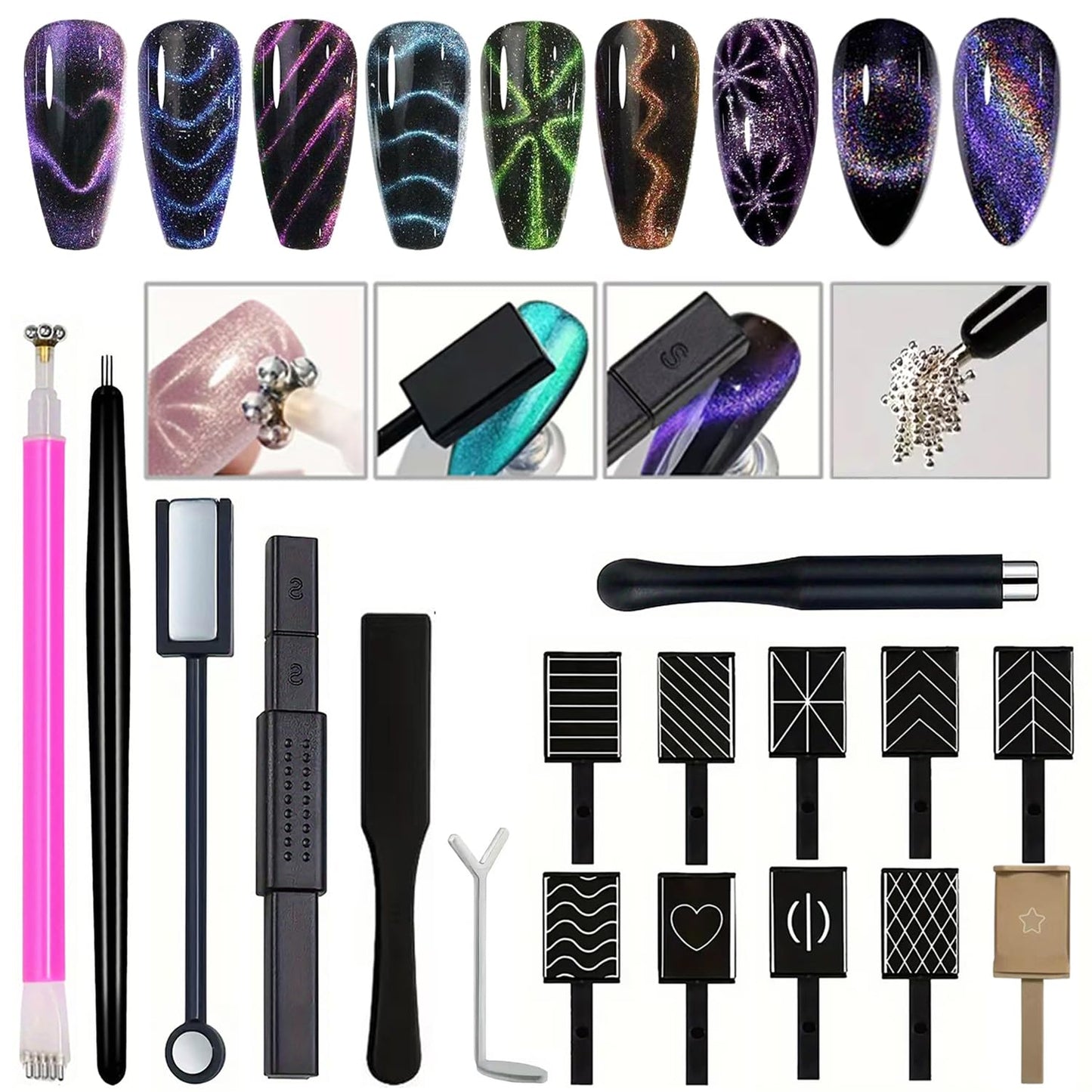 DAIXIANGER 17Pcs Cat Eye Nail Magnet Tool Set, Multi-Pattern Cat Eye Magnets for Nails, Double-Head Magnetic Stick & Magnetic Bead Applicator, DIY Manicure Gel Polish Design Tools