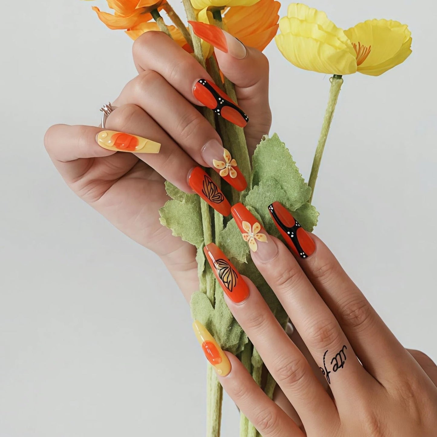 Tesytto Long Coffin Press On Nails - 3D Flowers Orange Design Hand-Painted Butterflies French Tip Acrylic Nail for Women (Mango Sago,M)