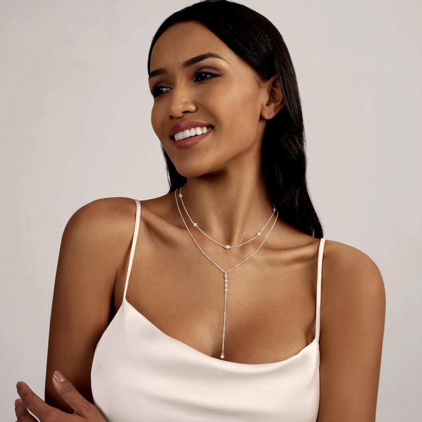Airmb Long Silver Necklace for Women- Dainty Silver Drop Lariat Necklace Trendy Layered Simple CZ Y-Shaped Body Chain Stack Wedding Prom Dangle Statement Necklace Jewelry Gifts