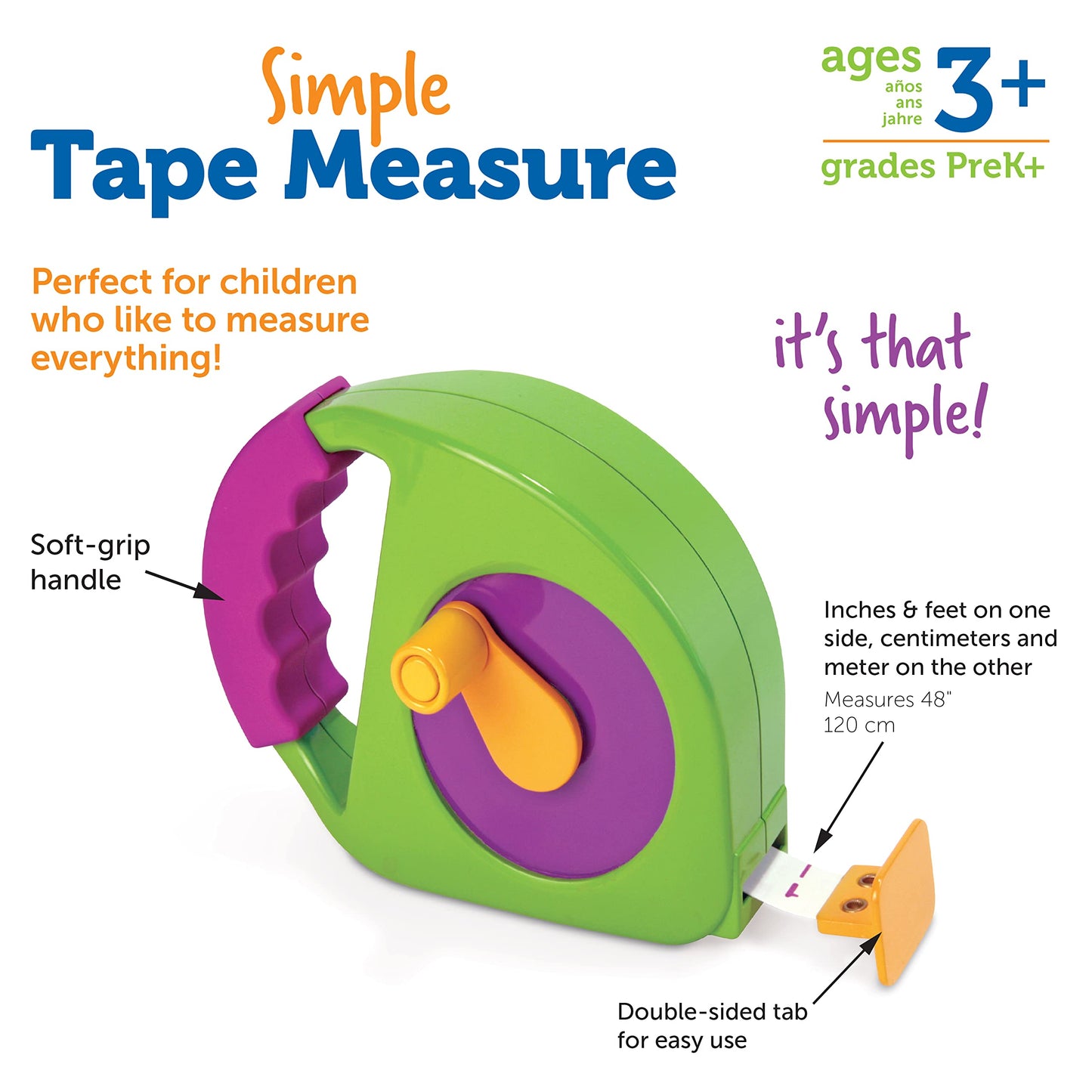 Learning Resources Simple Tape Measure - Kids Construction Toys, Preschool Activities, Pretend Play for Toddlers , Height Measurement Counting Tool, Fine Motor Skills, Homeschool