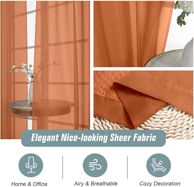 Orange Window Sheer Curtains 54 inch Length, Soft Airy Light Filtering Sheer Curtain 2 Panels Set, Dual Rod Pocket Gauze Orange Drapes for Living Room Bedroom, 2x42Wx54L Inches