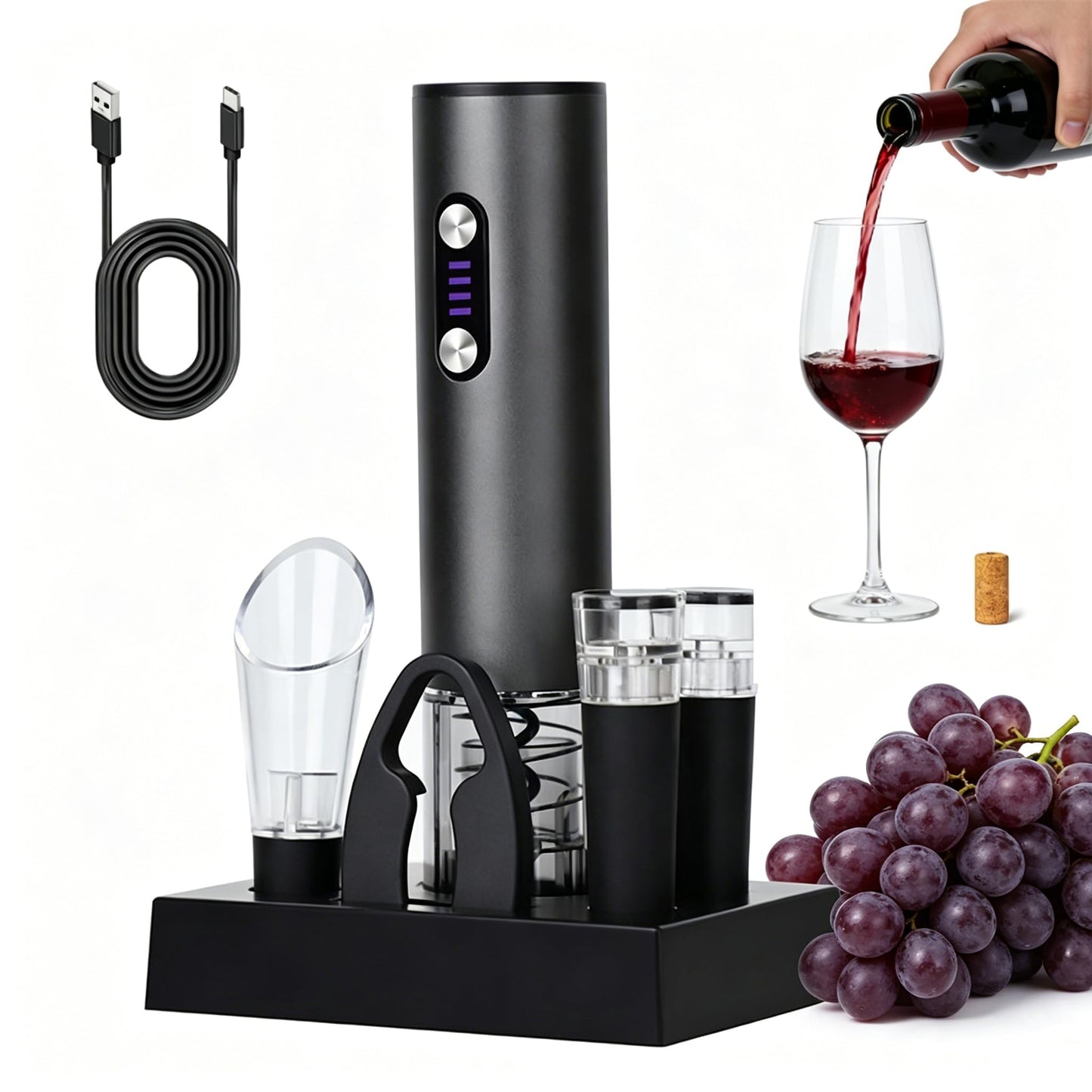 Rechargeable Electric Wine Opener 7-in-1 Gift Set, Automatic Wine Bottle Opener with Charging Base, Foil Cutter, Aerator Pourer & 2 Vacuum Stoppers for Wine Lovers