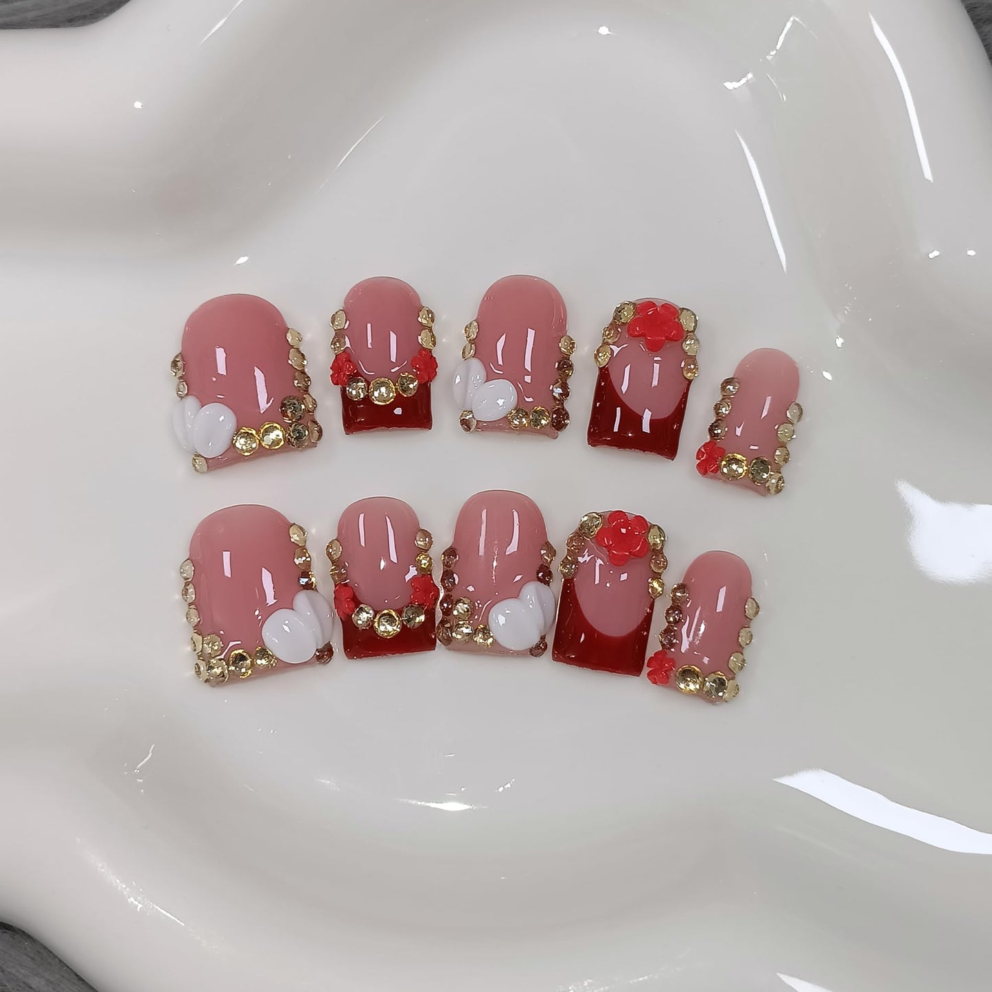 TENPAL Short Squoval Press on Nails - Red French Tip with Rhinestone Edge & Floral | Nude Pink Glossy Fake Nails | Clean Girl Manicure Set(M)