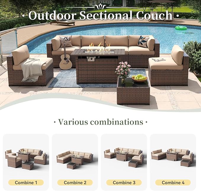 Aoxun 8 Piece Patio Furniture Set with 44” Fire Pit Table Wicker Rattan Outdoor Sectional Sofa Set with Coffee Table and Thickened Cushions & Hose, Khaki (Waterproof Cover Included)