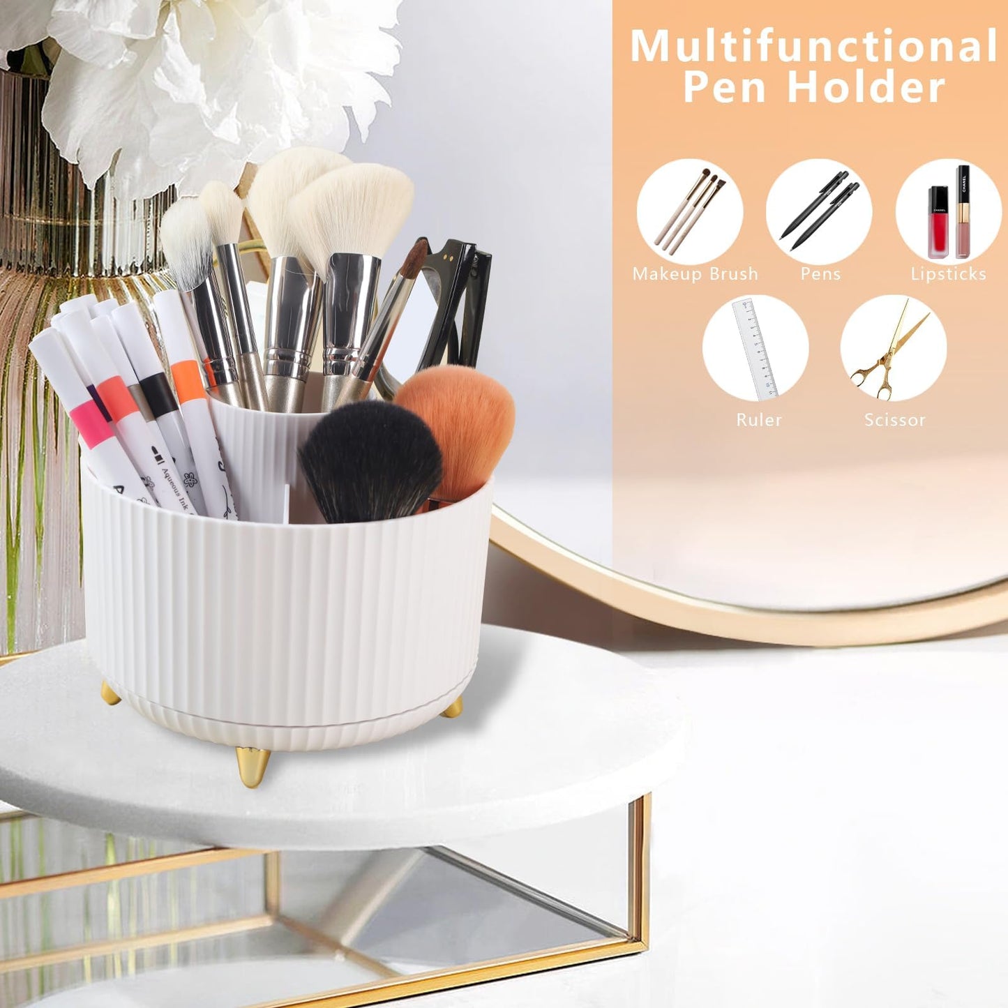 Desk Organizer Pen Holder, 5 Slots 360-Degree Spinning Pencil Organizers, Pencil Cups Desktop Storage Stationery Supplies for Office School Home,White
