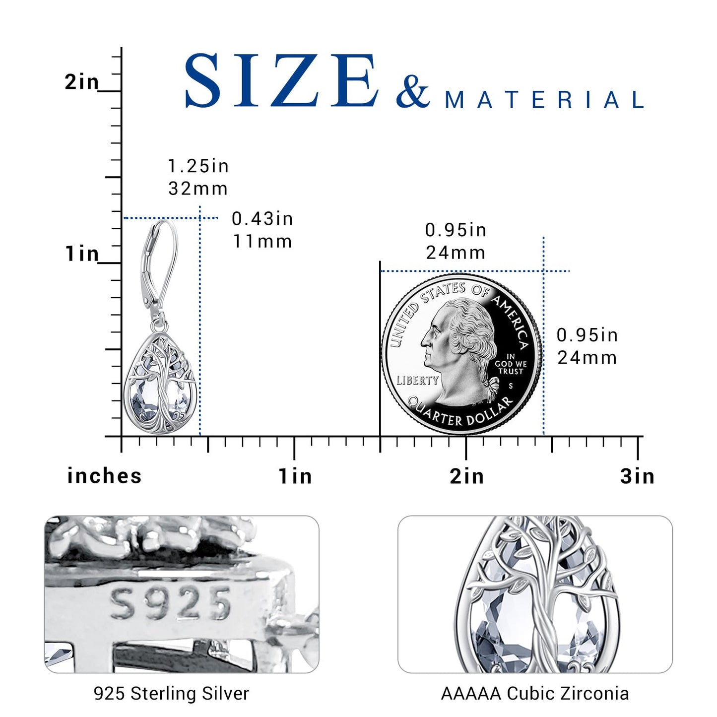 Eusense Tree of Life Dangle Earrings Teardrop Drop Sterling Silver Earrings CZ Clear White Birthstone Leverback Tree of Life Jewelry Gift for Women