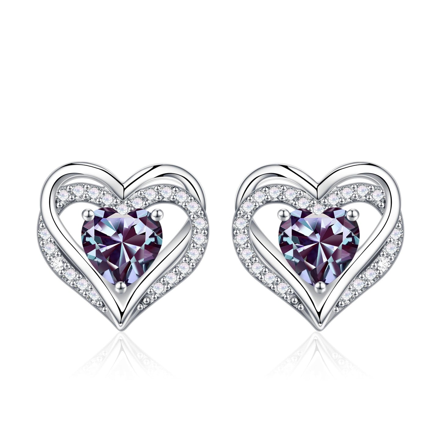 Iefil Heart Earrings for Women, 925 Sterling Silver June Birthstone Alexandrite Heart Stud Earrings for Women