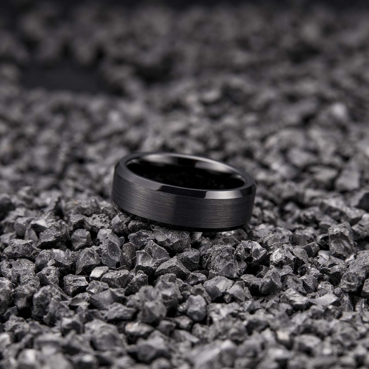 King Will 7mm Men's Black Wedding Ring - Brushed Matte Surface, Beveled Polished Edge, Comfort Fit Size 6