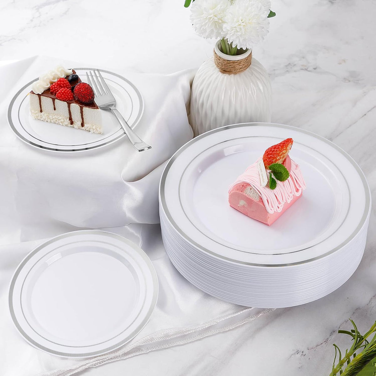 Goodluck 150 Pieces Silver Disposable Plates for 25 Guests, Plastic Party, Wedding, Dinnerware Set of Dinner Plates, Salad Spoons, Forks, Knives, Cups