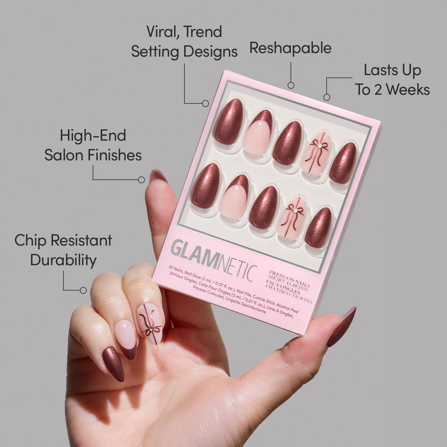 Glamnetic Press-On Nails Bundle - Ruby Ribbons & She's A Gift | Short Almond Fake Nails with Red French Tips & 3D Bows | Short Almond Fake Nails in Burgundy Chrome with French Tips and Ribbon Designs