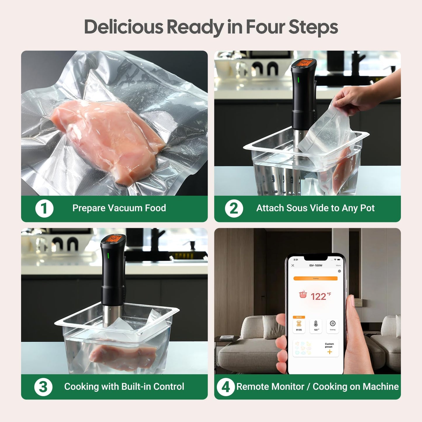 InkSous WIFI 2.4G Sous Vide Cooker 1000W Immersion Circulator with APP 14 Recipes,Alarm,Calibration & Timer, 3D Water Fast Heating Ultra-Quiet Sous Vide Machine