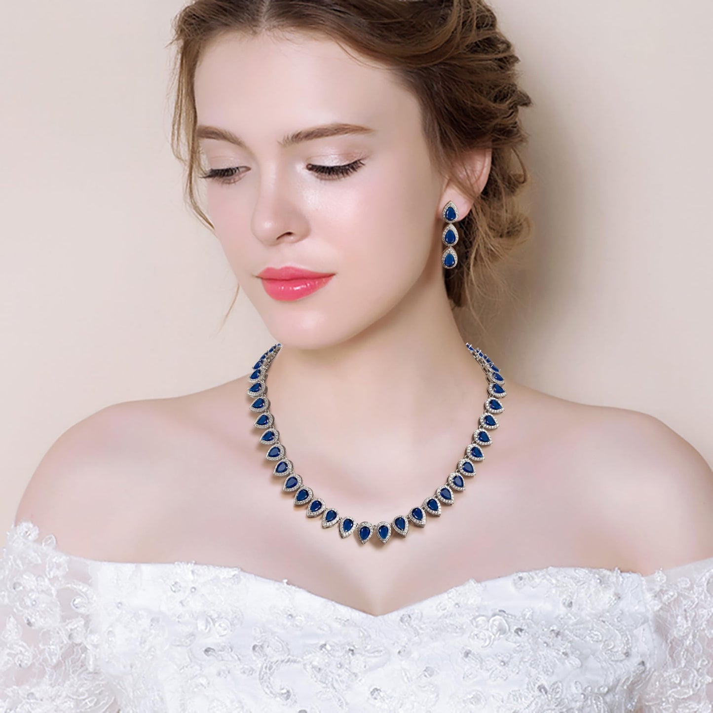 EleQueen Women's Wedding Bridal Full Prong Cubic Zirconia Sapphire Teardrop Necklace Earrings Set for Brides Bridesmaids Blue-Silver-Plated-Brass