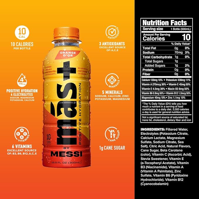 Más+ by Messi 16.9oz Orange d'Or, Sports Drink & Hydration Beverage, Natural Flavors with Vitamins and Electrolytes, No Artificial Sweeteners or Colors, 12-pack