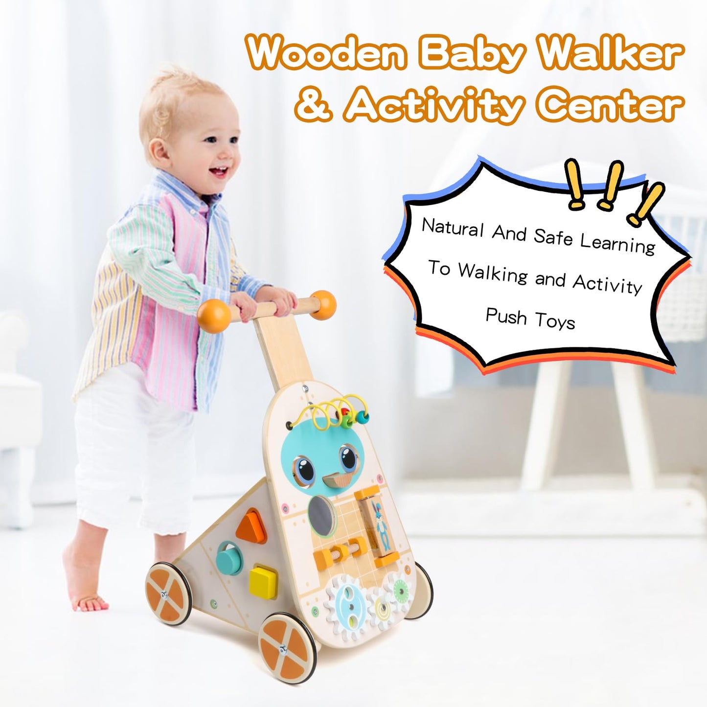 Steventoys Wooden Push Walker, Adjustable Speed Baby Push Walker Activity Center Toys, Wooden Baby Walker Push and Pull Learning Activity Walker, Learning & Walking Toy for Boys Girls