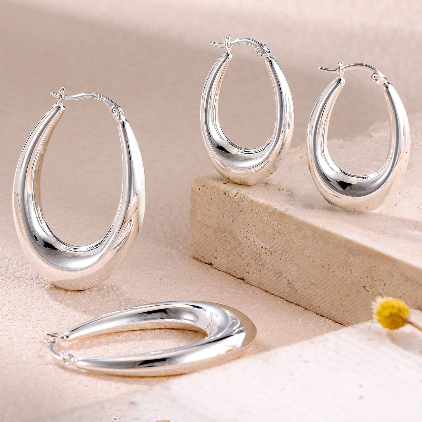 PABBEU Sterling Silver Chunky Oval Hoop Earring, 38mm, 925 Metal Type, Hypoallergenic, for Women