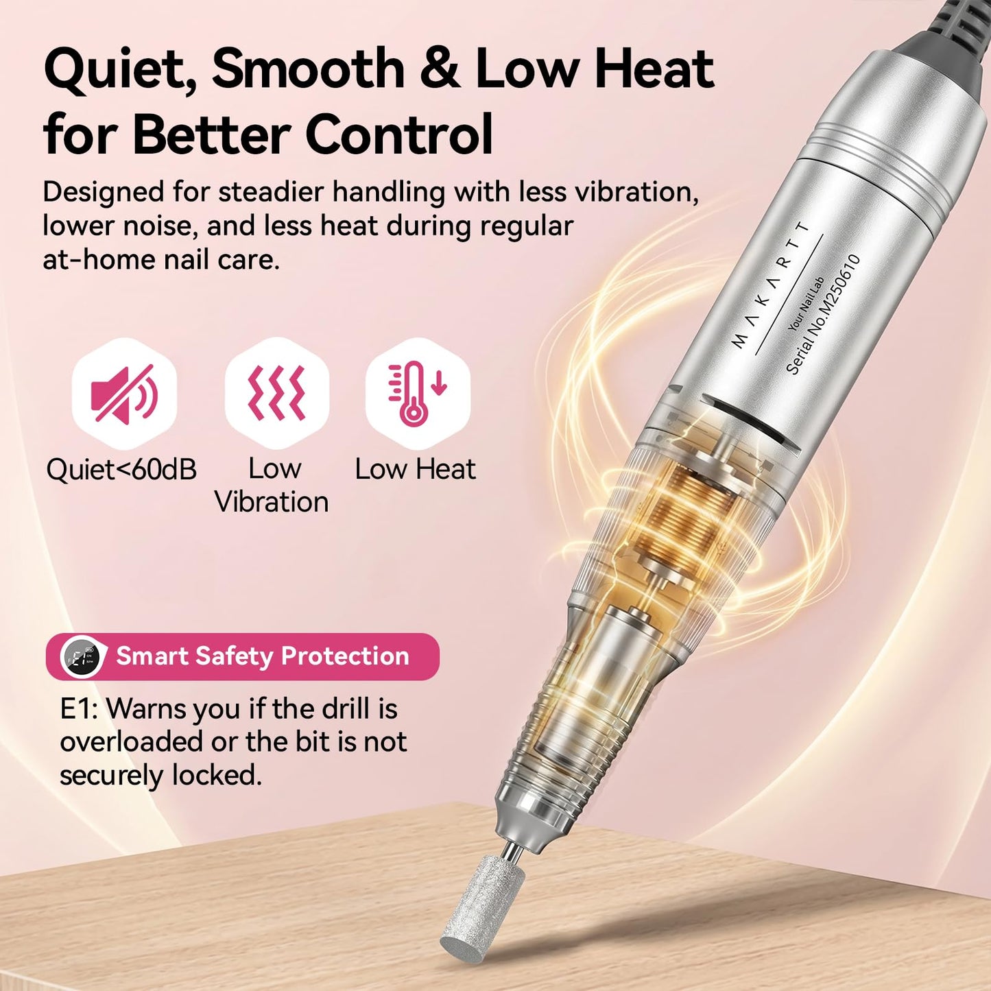 Makartt Cordless Nail Drill for Beginners: Easy & Safe Electric Nail File for Home DIY, Low Vibration Quiet Control with LCD, for Gel Removal, Shaping & Nail Care, YEEYAN