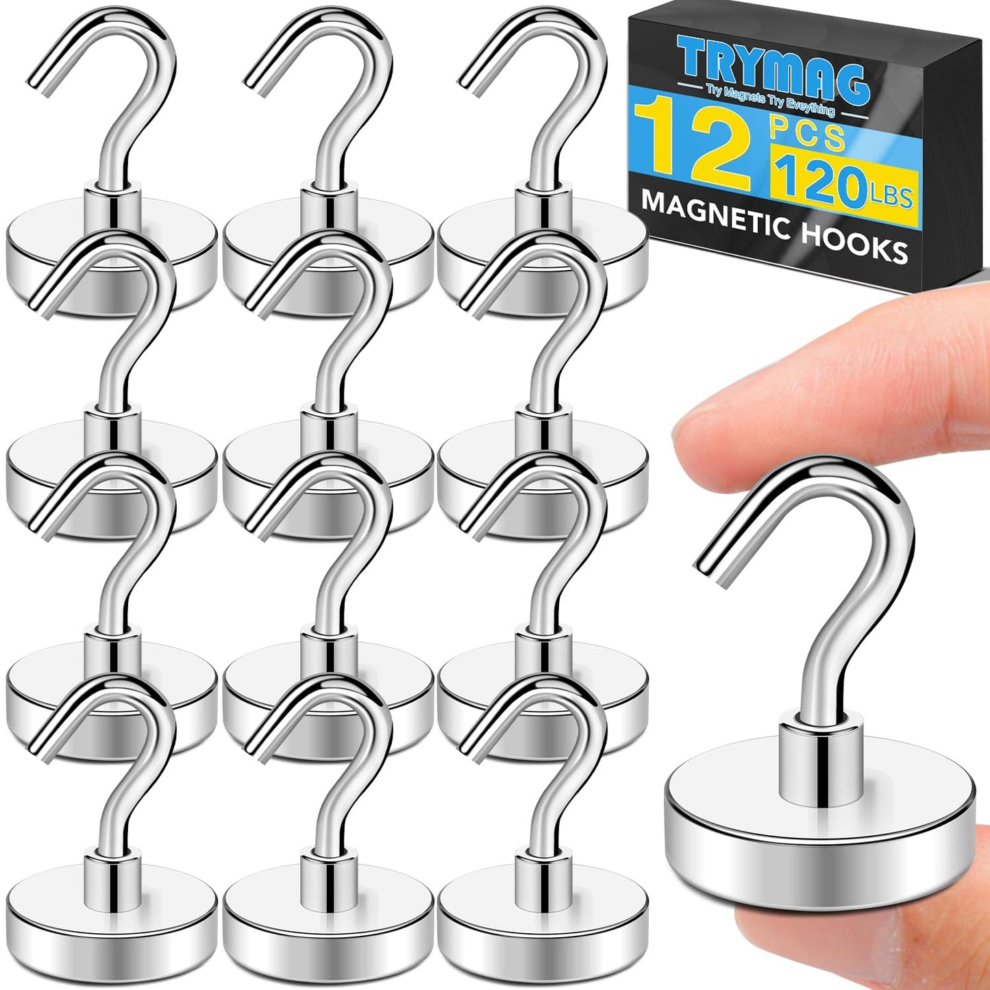 TRYMAG 12 Pack Strong Magnetic Hooks Heavy Duty, 120Lbs Strong Magnetic Hooks for Cruise Cabins, Neodymium Magnets with Hooks for Hanging, Earth Magnets with Hooks for Office, Grill, and Toolbox