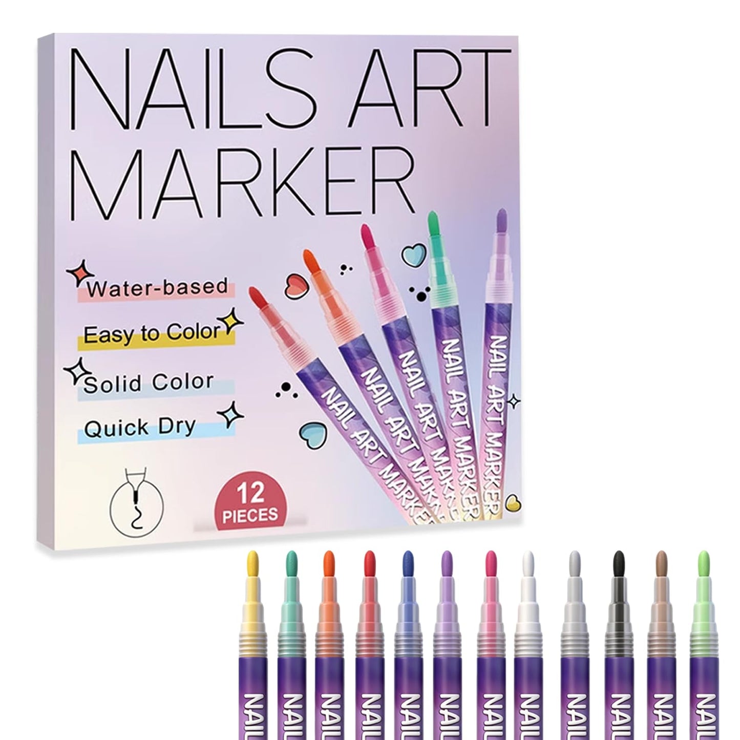 Zisen Bilen Nail Art Marker - 12 Vibrant Colors Nail Polish Markers, Quick Dry Waterproof DIY Nail Pens for Beginners