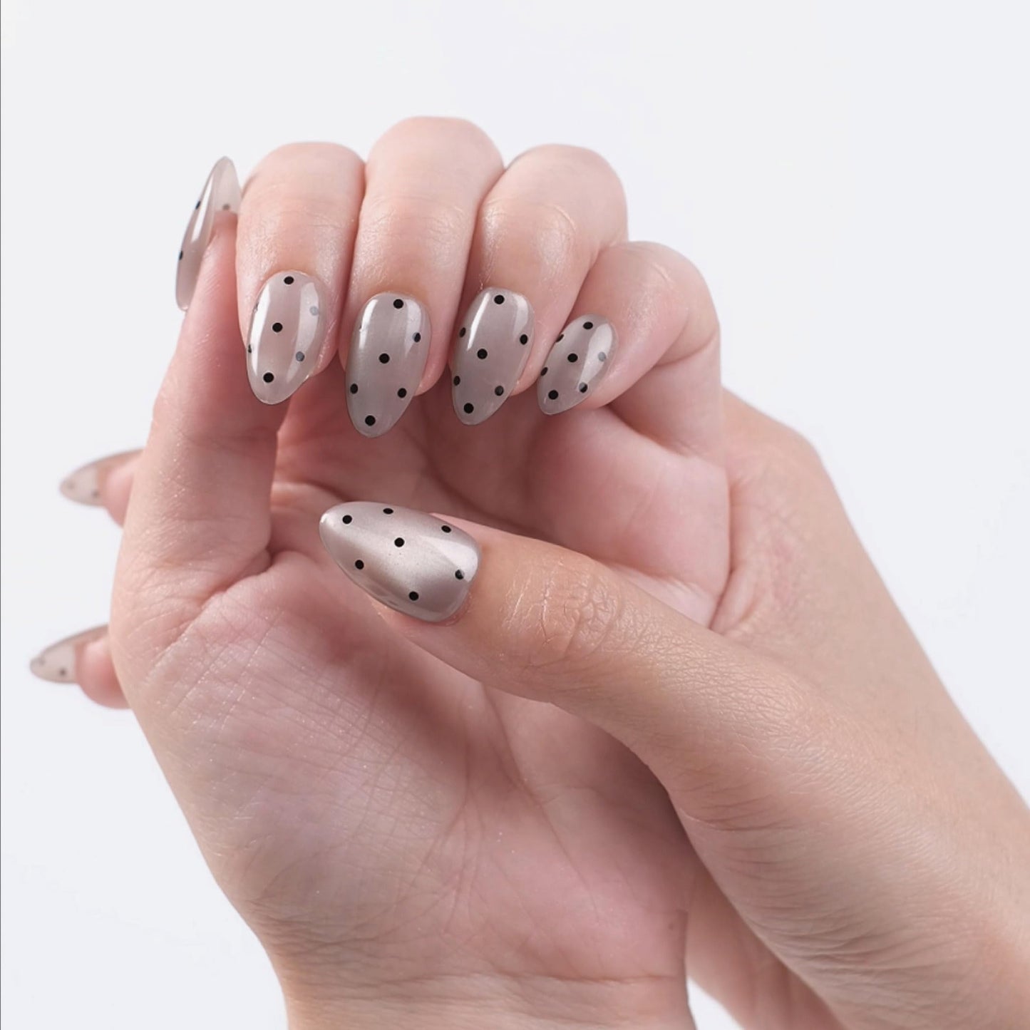 Nailique Press On Nails Short Almond – Handmade Smoky Cat Eye Soft Gel Black Polka Dot Sparkly, 26pcs Reusable Nail Tips with Glue & Remover, Salon Quality Bridal Wedding Manicure