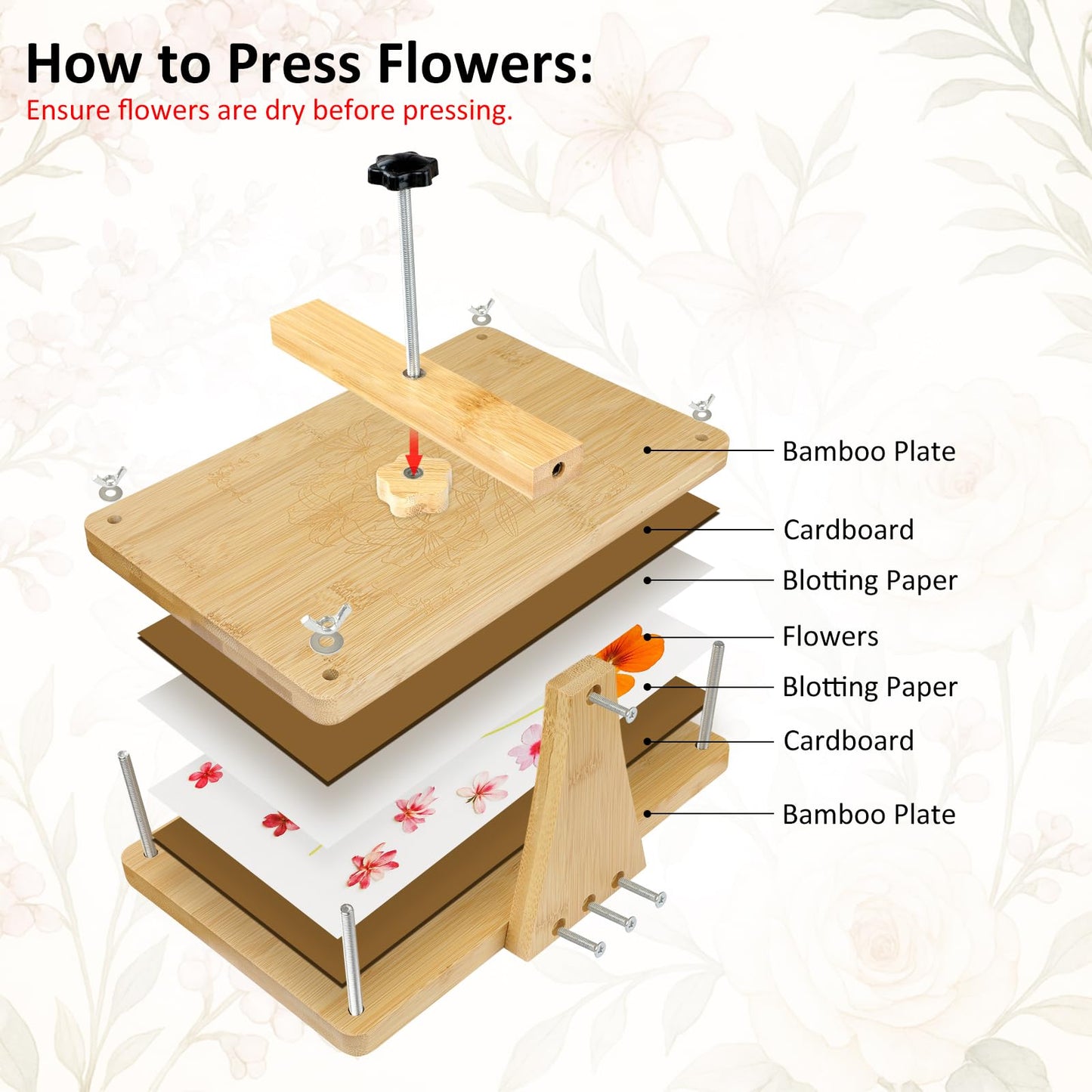 MeRGBWLife Large Bamboo Flower Press Kit – 6 Layers, 11"x7" Even Pressure Plant Press for Adults, DIY Flower & Leaf Preservation for Arts, Crafts, and Dried Plant Projects