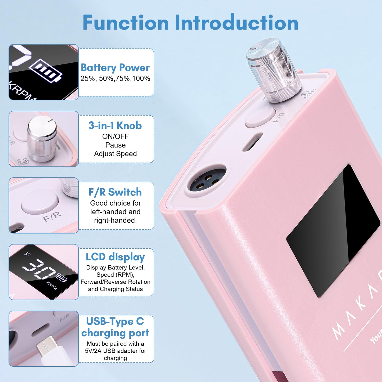 Makartt Cordless Electric Nail Drill, 30,000RPM E File for Acrylic & Gel Removal, 8.5H Battery, Quiet, LCD Display, Portable Nail Drill for Beginners & Nail Techs, Perlarie Pearly Pink