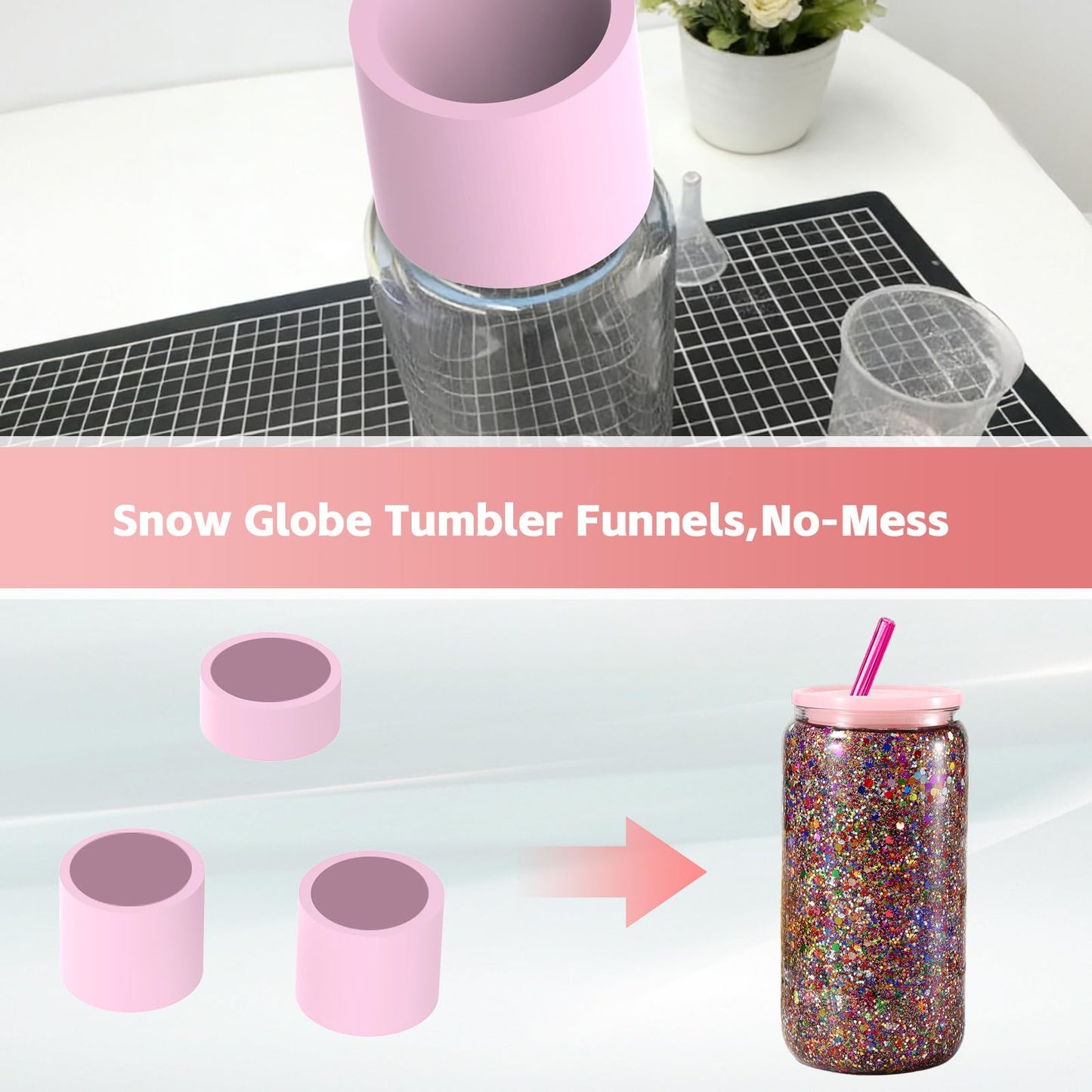 3 Pack Snow Globe Tumbler Funnels, Large & Small Glitter Funnel for DIY Snow Globe Tumblers, No-Mess(Pink)