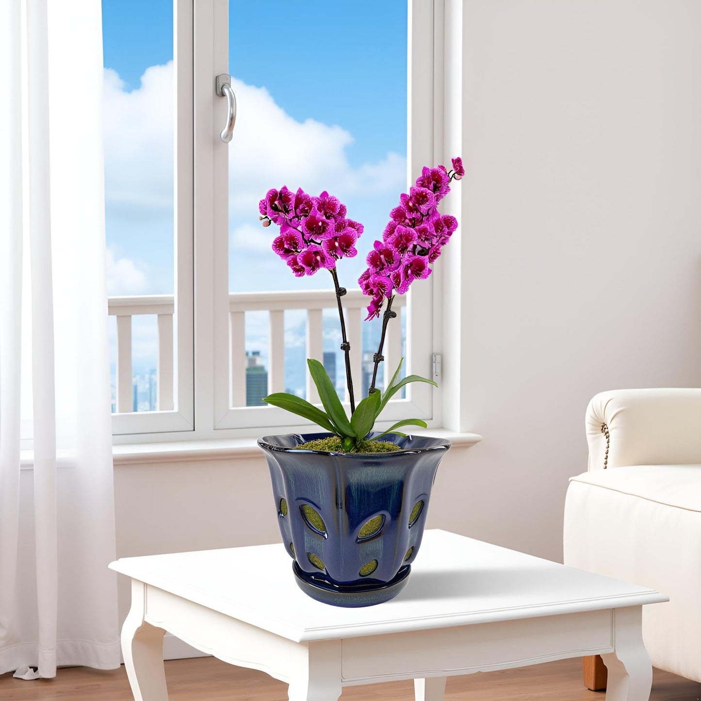 Grdthzey Ceramic Orchid Pots with Holes 6 inch (Dark Blue)