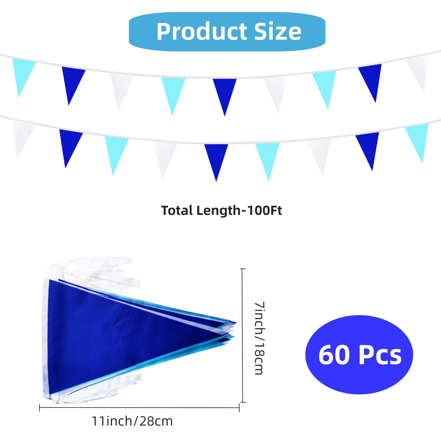 Rotenl 100 Feet 60 Pcs Blue White & Dark Blue Pennant Banner Triangle DIY Flag, Bunting Streamers Decor for Grand Opening, Birthday, Wedding Celebration