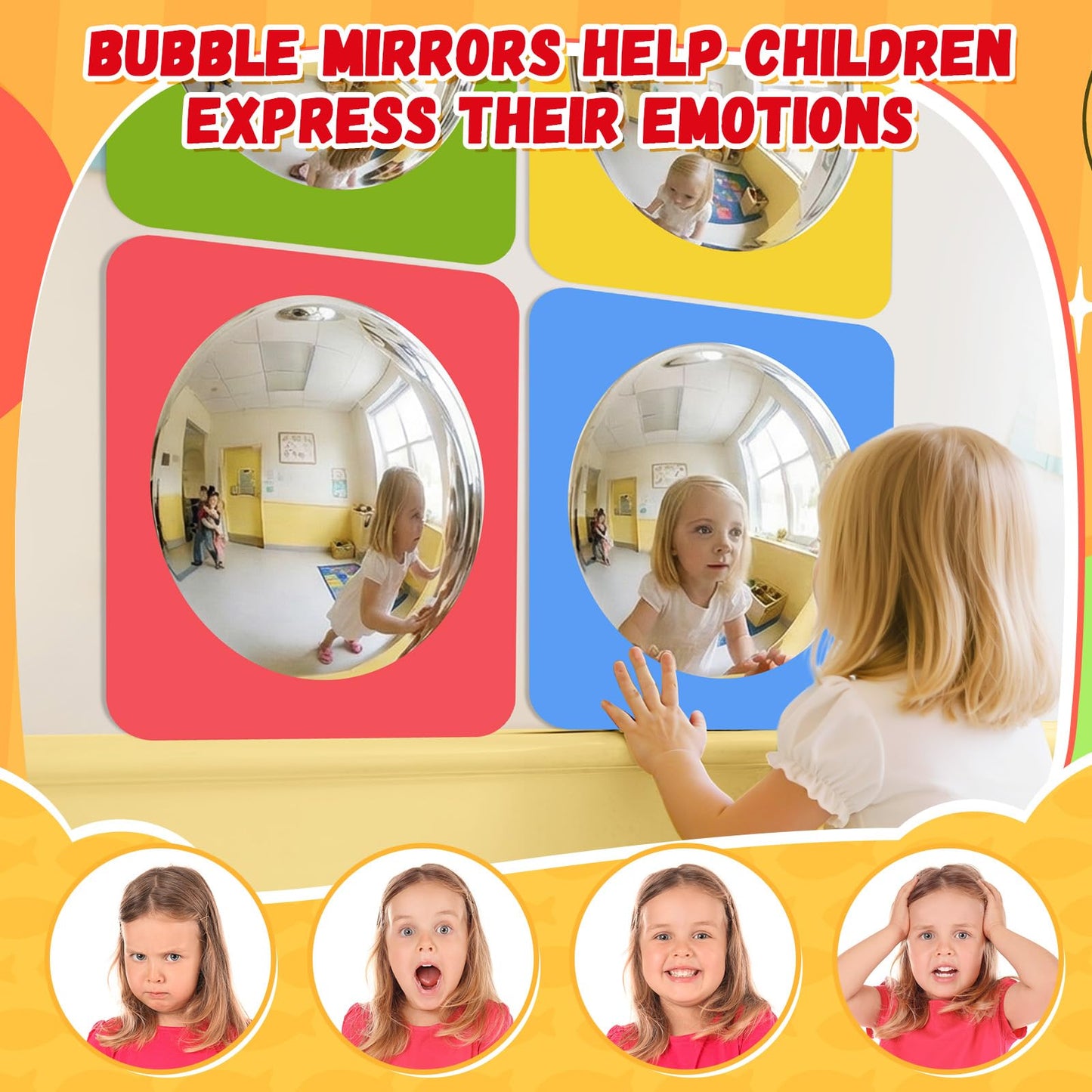 Geiserailie 4 Pcs Sensory Wall Mirror Acrylic Bubble Mirror Toys for Calming Corner Items - Sensory Room Have Visual, Tactile Stimulation (6 x 6 Inch,Pink,Yellow,Green,Blue)