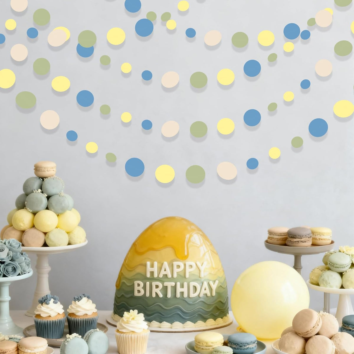 Sage Green Dusty Blue Yellow Beige Polka Dots Garlands Olive Green Macaron Yellow Dusty Blue Sand White Cream Nude Hanging Paper Circle Dots Streamer for Birthday Baby Shower Wedding Party Decorations