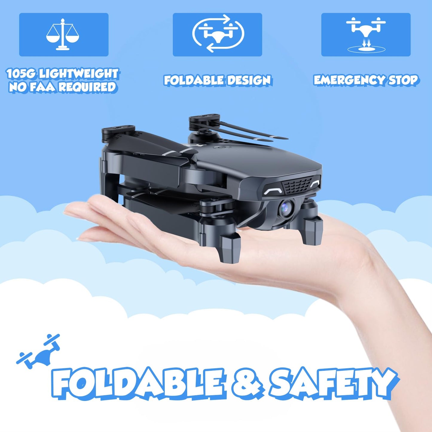 Drone with Camera for Kids Adults Beginners - 1080P HD RC Quadcopter with One Key Start/Land, Altitude Hold, Gravity Control, 2 Batteries, Cool Toys Gifts for Boys Girls, Black