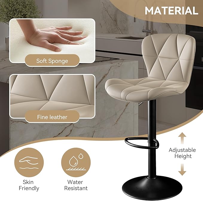 Bar Stools Set of 4,Adjustable Swivel Barstools, Faux Leather Bar Chairs,Upholstered Counter Height with High Backrest for Kitchen Island, Khaki