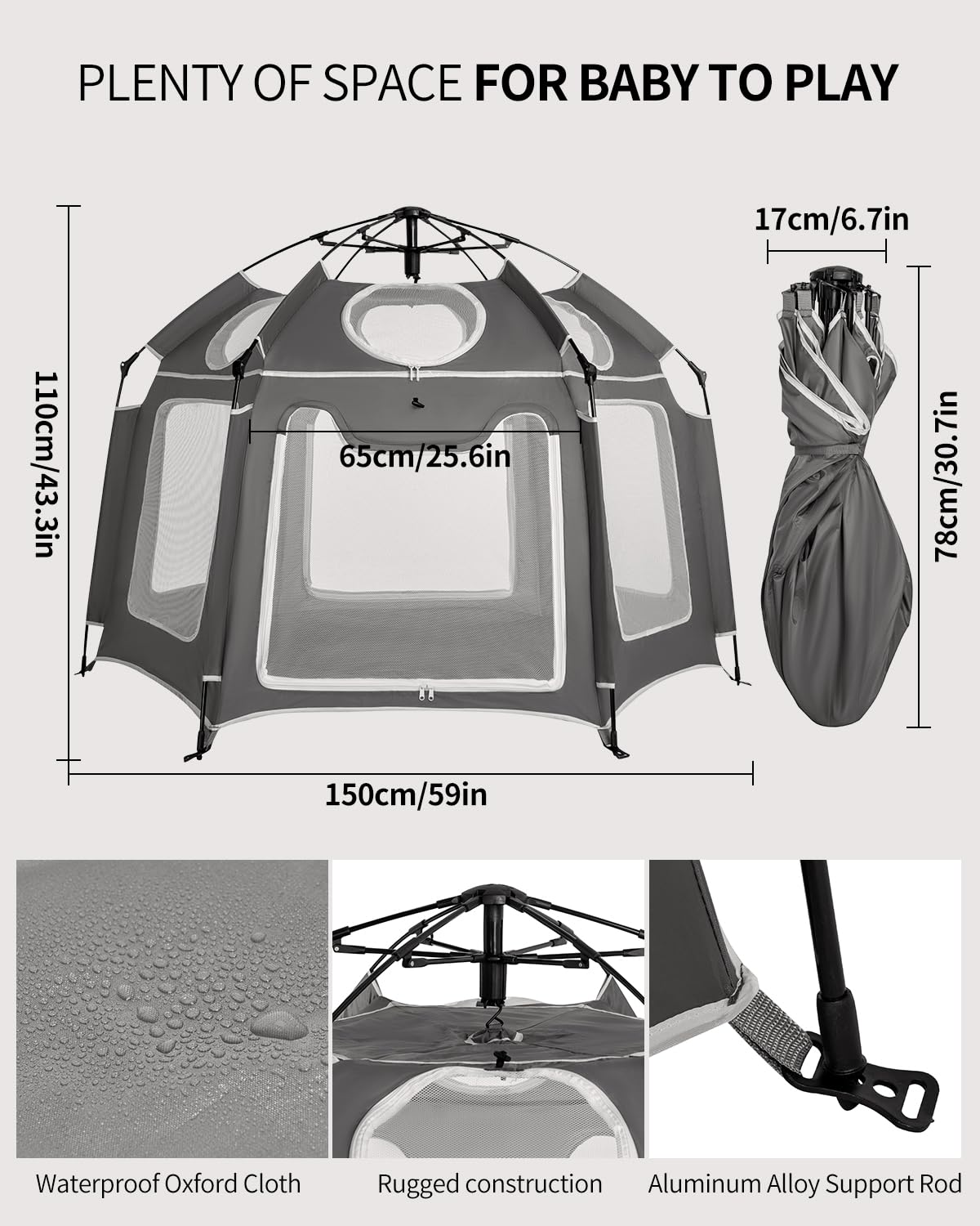 Pop-Up Portable Baby Playpen with UV Canopy, Waterproof Outdoor & Indoor Play Tent, Breathable Mesh Sides, Quick Setup Folding Baby Play Yard with Carry Bag & Stakes 59"