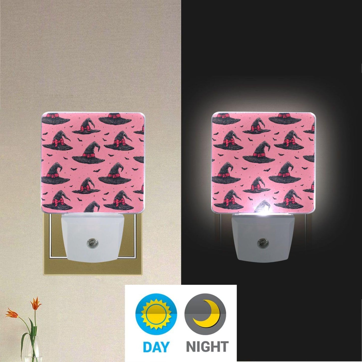 Halloween Witch Pink Bow Happy Halloween LED Sensor Night Light Set of 2 Happy Black Bat Castle Moon Spooky Ghost Boo with Adjustable Brightness Eye-Caring for Home Bedroom Office Parlour
