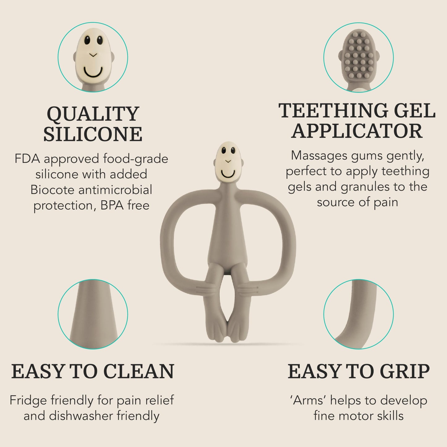 Matchstick Monkey Original Teether & Gel Applicator – Silicone Baby Teether, Easy-to-Grip, BPA-Free, Supports Self-Soothing & Early Brushing, 3 Months+, 4 Inches, Grey