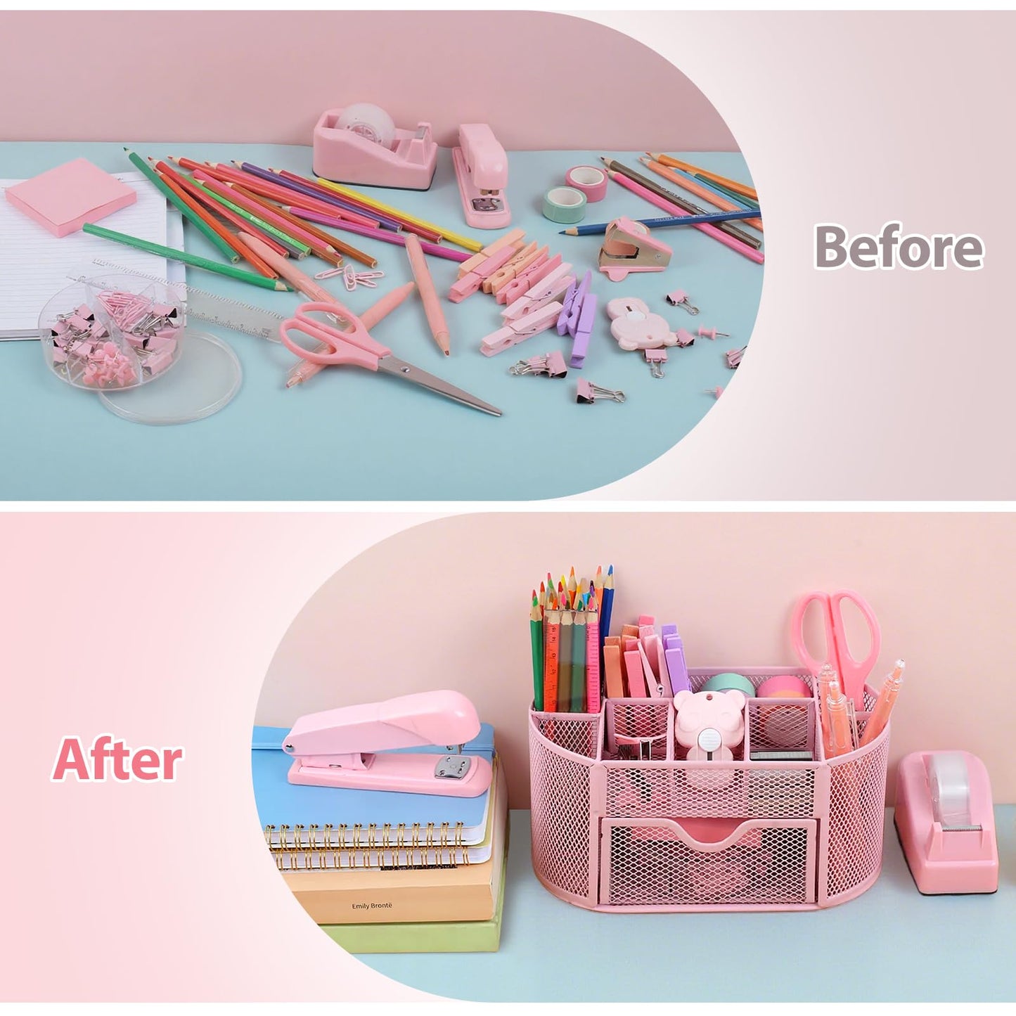 PrintPulse Pink Office Supplies for Desk,14pcs Desk Sets and Accessories, Office Supply Kit with Mesh Desktop Organizer and Stapler,Staple Remover, Staples,Tape Dispenser,Sticky Tabs,Scissors, Ruler