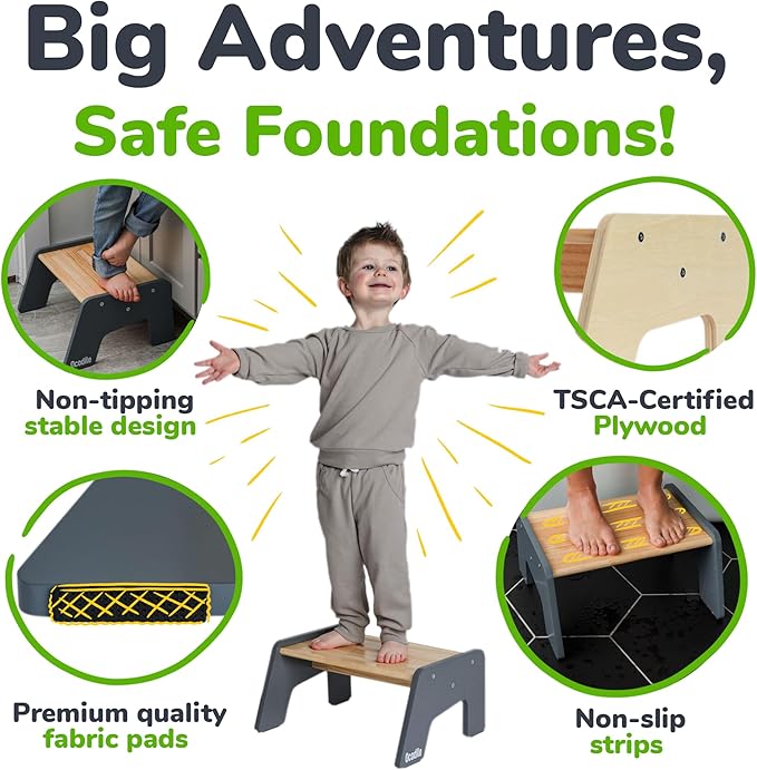 OCODILE 1-Step Wooden Step Stool for Toddlers | Kids Step Stool for Bathroom Sink, Kitchen, and Potty Training | Non-Slip Stool for Toilet Independence | Wooden Step for Children Ages 2+ Varnished