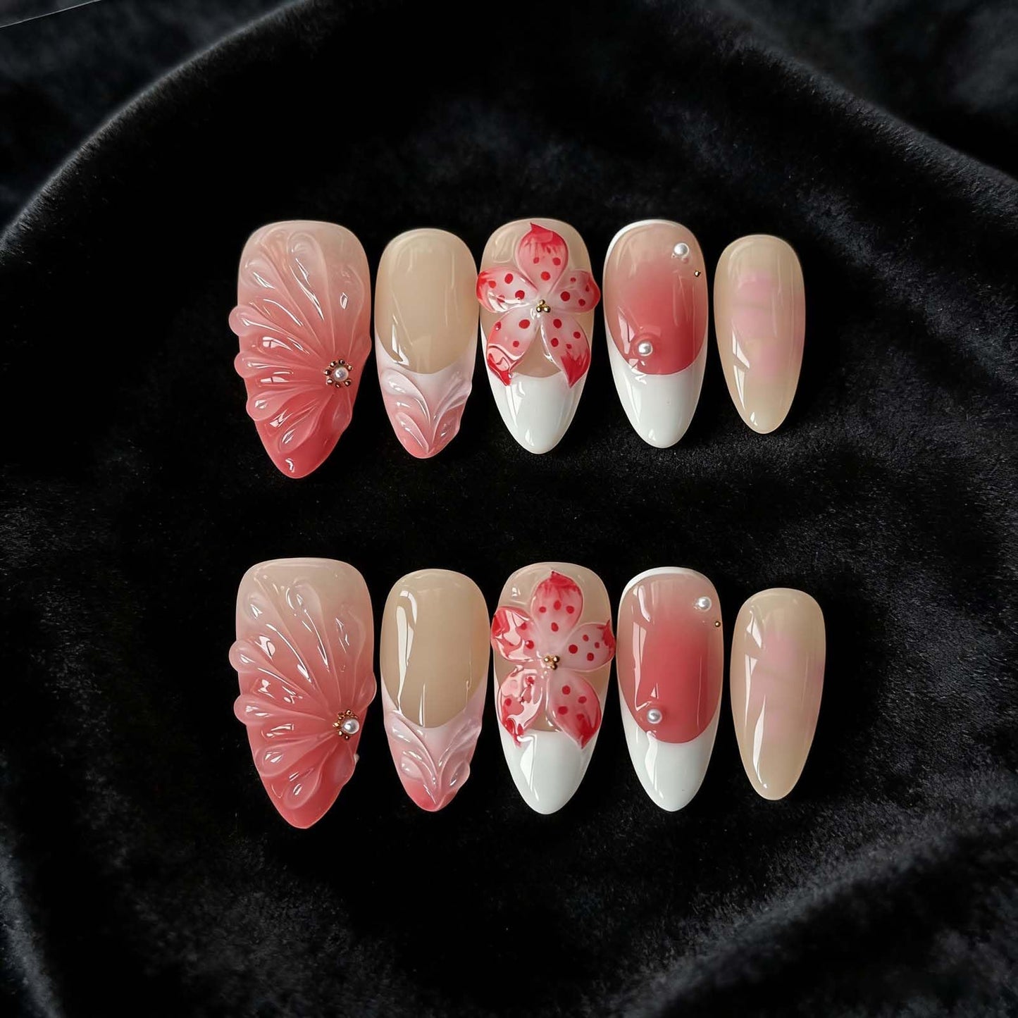 Press on Nails Pink Almond Summer Holographic Glitter False Nails with Iridescent Checkerboard Design, Reusable Fake Nails for Women 10 Piece Set M Size